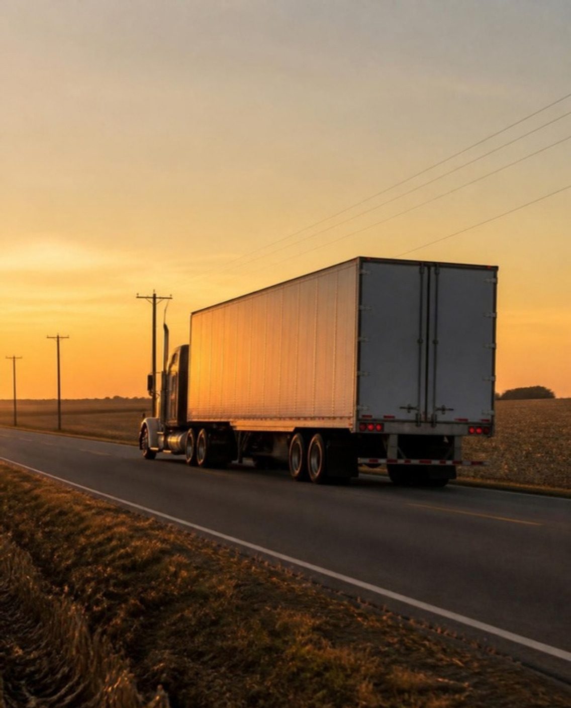 A long-nose semi truck pulling a white dry van down a two-lane highway at sunset