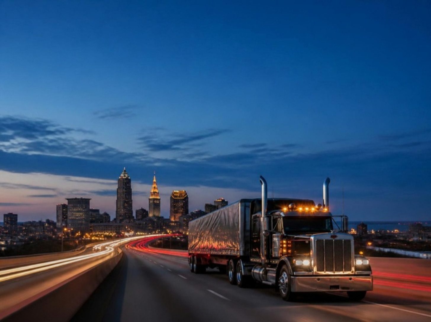 A long-nose semi truck pulling a Conestoga trailer on the highway into Cleveland at dusk, the downtown skyline behind it
